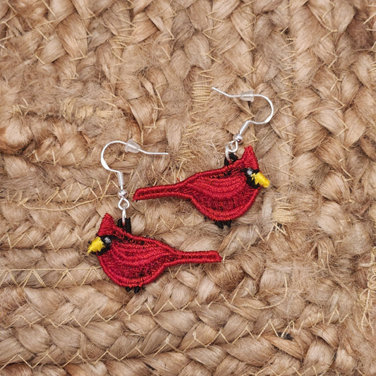 Cardinal Red Bird Embroidered Earrings